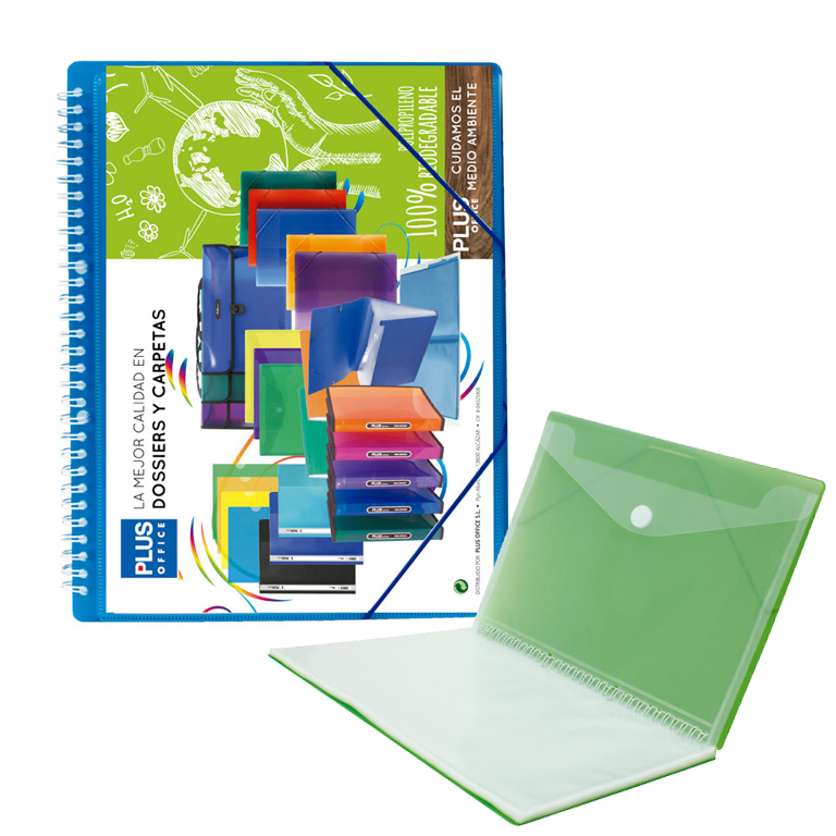 CARPETA PLUS OFFICE ESPIRAL TAPAS RIGIDAS PERSONALIZABLES 30 FUNDAS TRANSPARENTES POLIPROPILENO A4 CON GOMAS COLOR AZUL