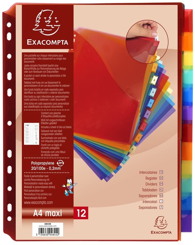 SEPARADOR POLIPROPILENO 100 MICRAS EXACOMPTA A4 300X250 MM 12 COLORES SEPARADORES MULTITALADRO PESTAÑAS PERSONALIZABLES	