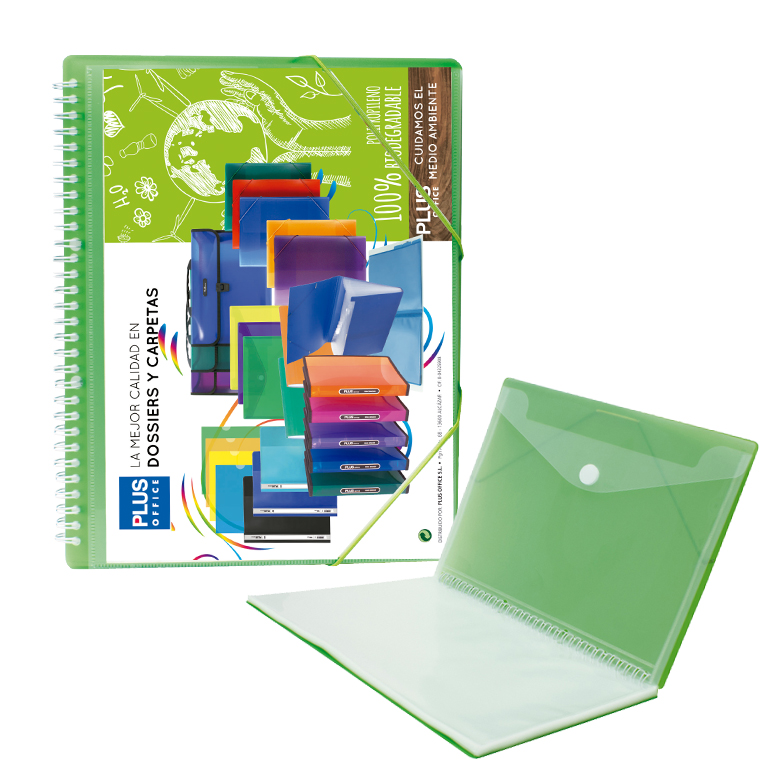 CARPETA PLUS OFFICE ESPIRAL TAPAS RIGIDAS PERSONALIZABLES 50 FUNDAS TRANSPARENTES POLIPROPILENO A4 CON GOMAS COLOR VERDE