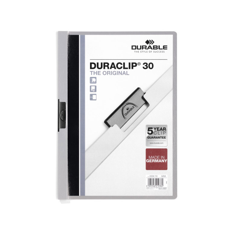 CARPETA DOSSIER PINZA METALICA DURABLE DURACLIP A4 220X310 MM CAPACIDAD 30HOJAS COLOR GRIS