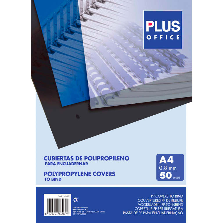 CUBIERTA ENCUADERNAR PLUS OFFICE A4 PP TRANSPARENTE 800 MICRAS 50 UNIDADES