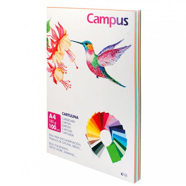 CARTULINA CAMPUS A4 210X297 MM 180 GRAMOS 10 COLORES SURTIDO PAQUETE 100 UNIDADES