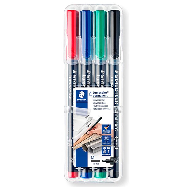 ROTULADOR PERMANENTE STAEDTLER LUMOCOLOR MEDIO 1 MM. COLORES SURTIDOS BLÍSTER 4 UNIDADES
