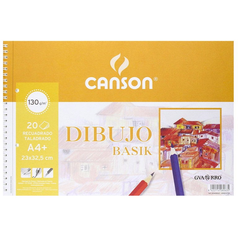 BLOC DE DIBUJO CANSON BASIK A4+ ESPIRAL 20 HOJAS 130 GRAMOS RECUADRO 2 TALADROS