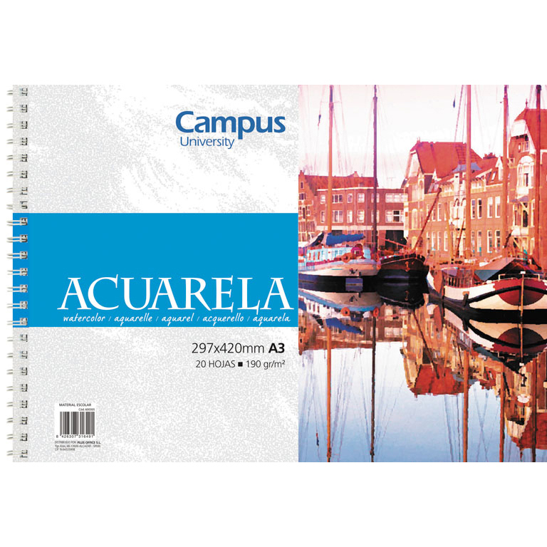 BLOC ACUARELA CAMPUS UNIVERSITY A3 ESPIRAL 20 HOJAS 190 GRAMOS