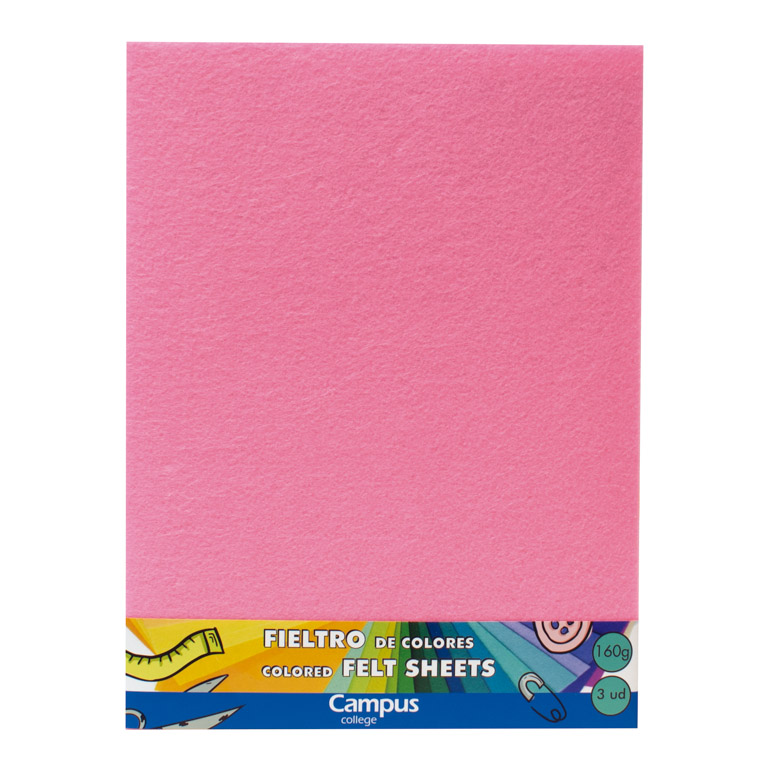 FIELTRO CAMPUS COLLEGE A4 160 GRAMOS 1 MM COLOR ROSA CLARO BOLSA 3 UNIDADES	