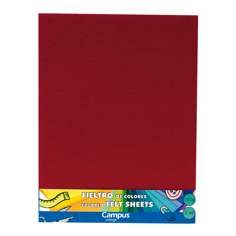 FIELTRO CAMPUS COLLEGE A4 160 GRAMOS 1 MM COLOR ROJO BOLSA 3 UNIDADES	