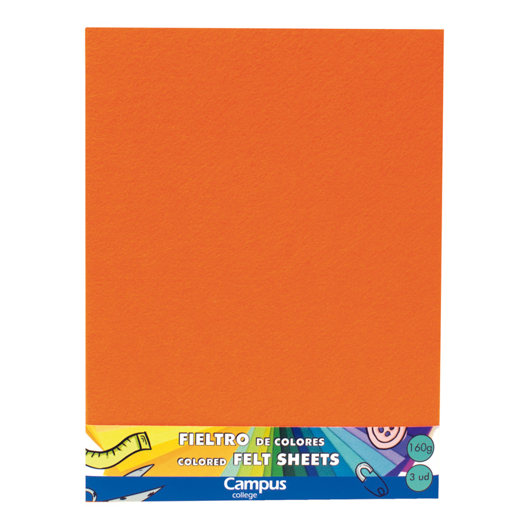 FIELTRO CAMPUS COLLEGE A4 160 GRAMOS 1 MM COLOR NARANJA BOLSA 3 UNIDADES	