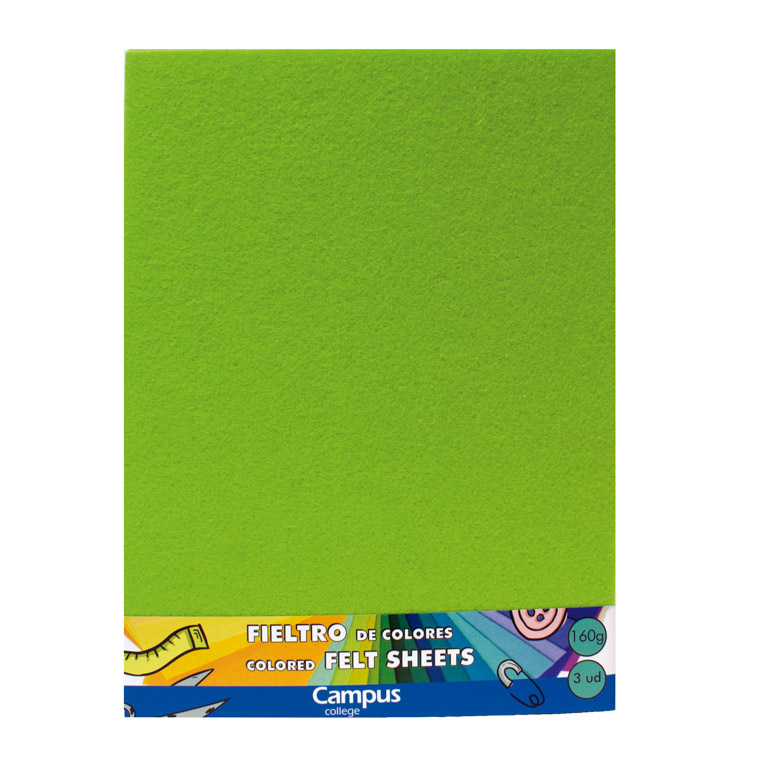 FIELTRO CAMPUS COLLEGE A4 160 GRAMOS 1 MM COLOR VERDE CLARO BOLSA 3 UNIDADES	