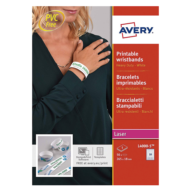 PULSERAS IDENTIFICATIVAS AVERY IMPRIMIBLES 265MMX18MM 10 UNIDADES X HOJA PAQUETE 5 HOJAS
