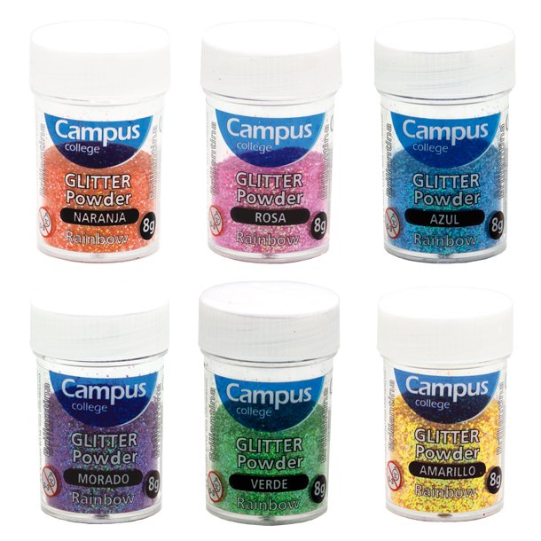 PURPURINA EN POLVO CAMPUS COLLEGE BOTE 8 GRAMOS 6 COLORES ARCOIRIS
